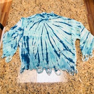 R13 Women’s Blue Tie-Dye Designer Distressed Sweater